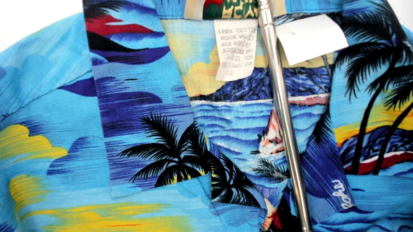 90s Royal Hawaiian Creations Tropical Shirt Turquoise Palm Tree Cotton Small S