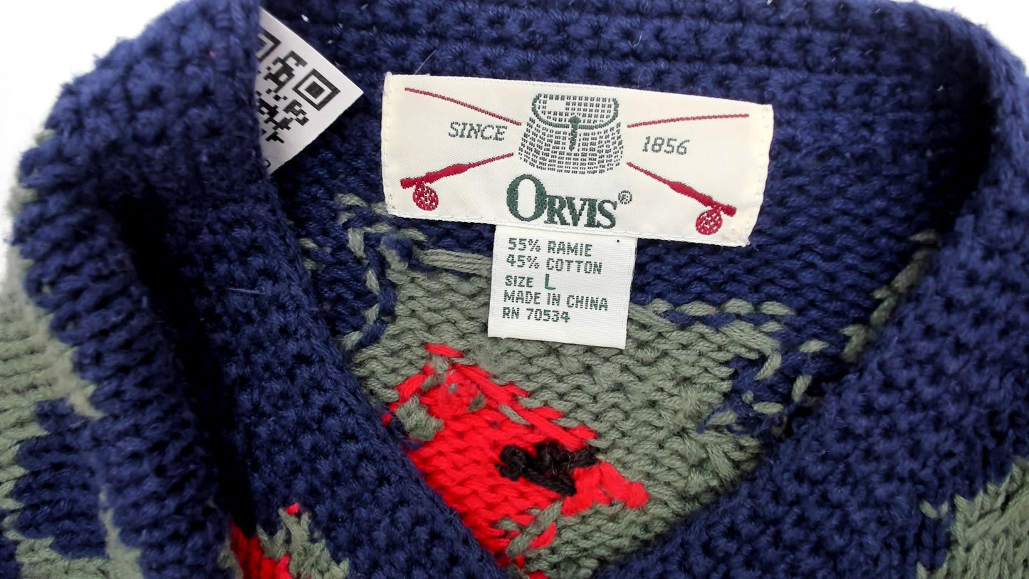90s Orvis Cardinal Cardigan Navy Botanical Knit Large L