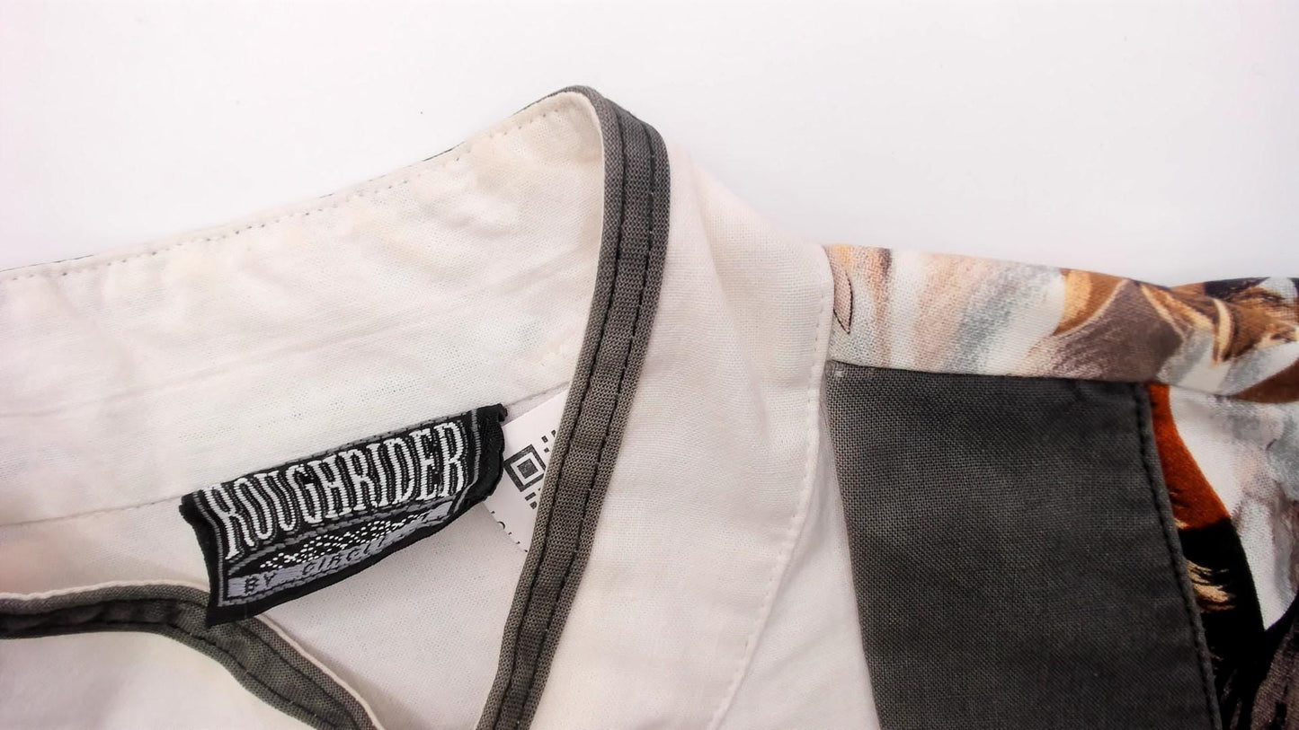 90s Roughrider Western Horse Print Button-Up Blouse White Small