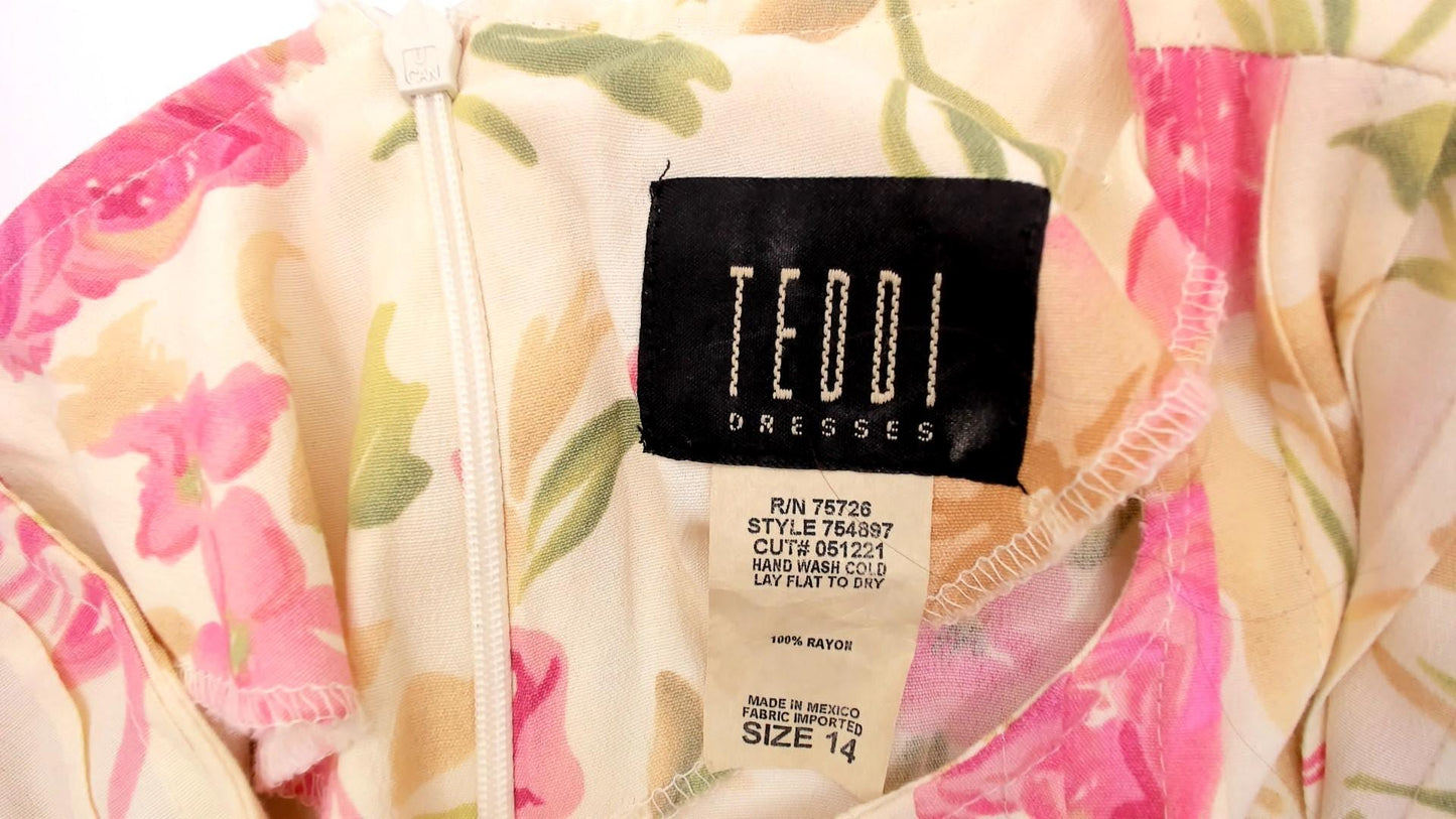 90s Teddi Floral Midi Dress Cream Pink Roses Pintuck Bodice Tie Back Large
