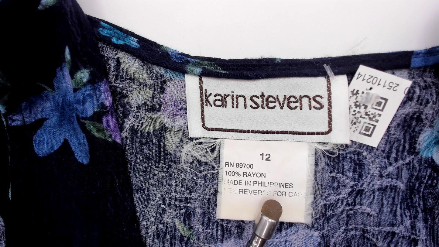 90s Karin Stevens Floral Maxi Dress Dark Blue Purple Sleeveless Tank Large