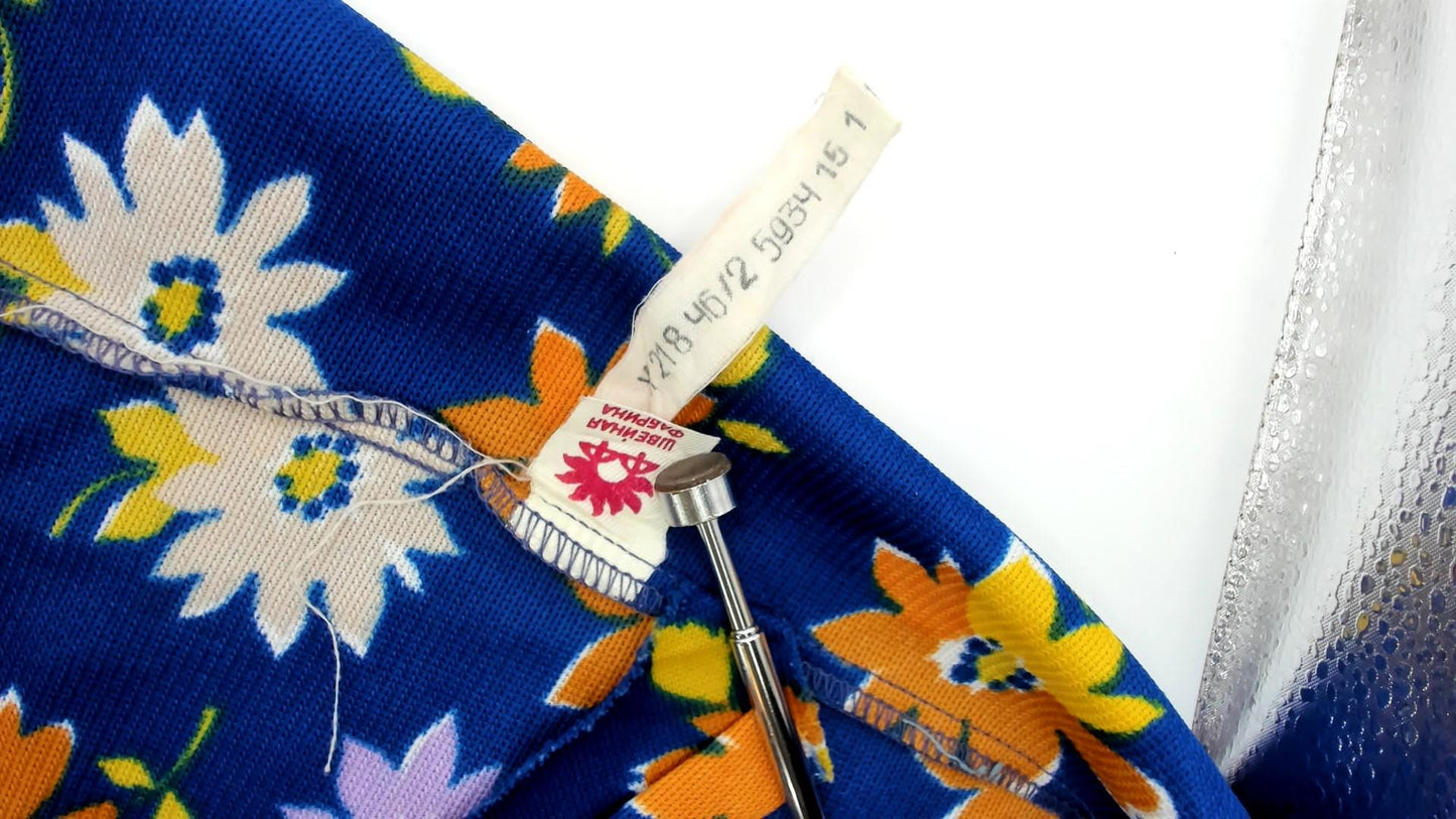70s Cobalt Blue Daisy Print A-Line Mini Skirt Floral Small S