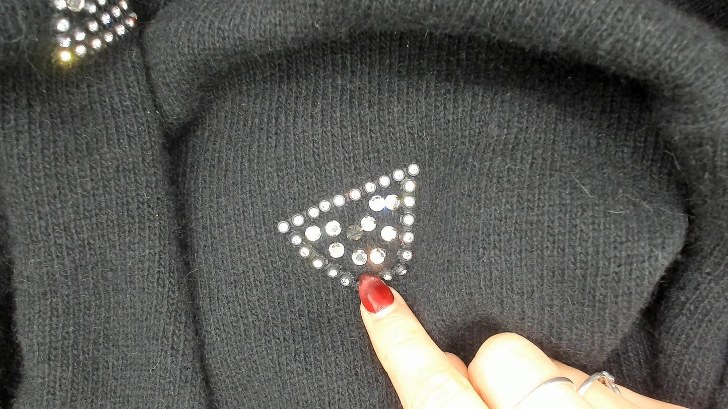 80s Adrienne Vittadini Rhinestone Studded Wool Angora Crewneck Pullover Black Medium