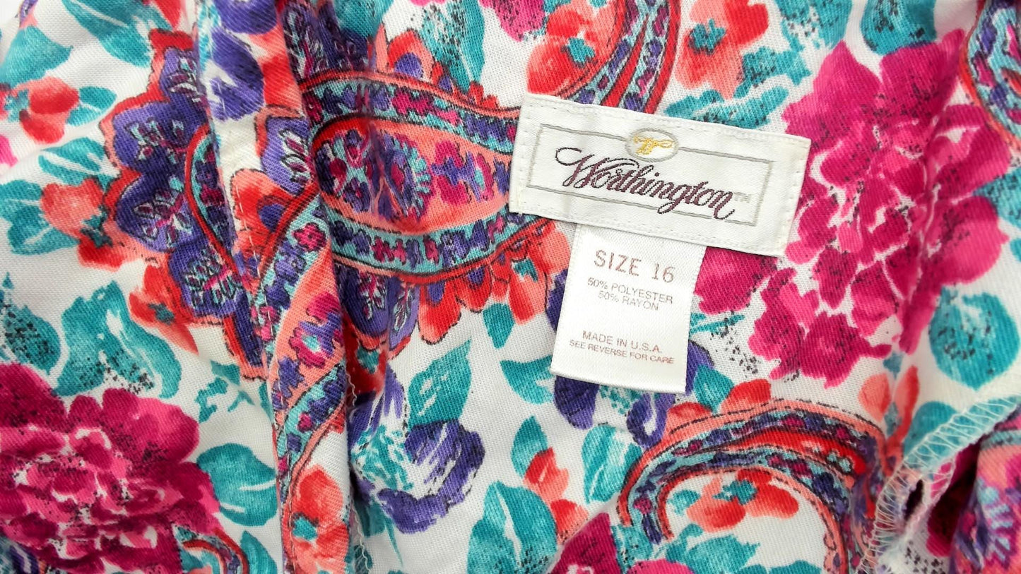 90s Worthington Floral Paisley Blouse Pink Teal Purple Three Quarter Sleeve Large L
