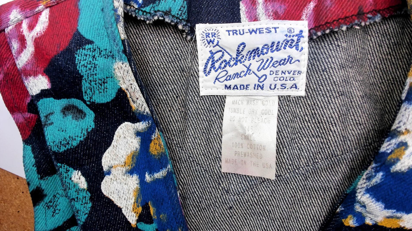 90s Tru-West Floral Denim Vest Navy Rose Teal V-Neck Pointed Hem Extra Small XS