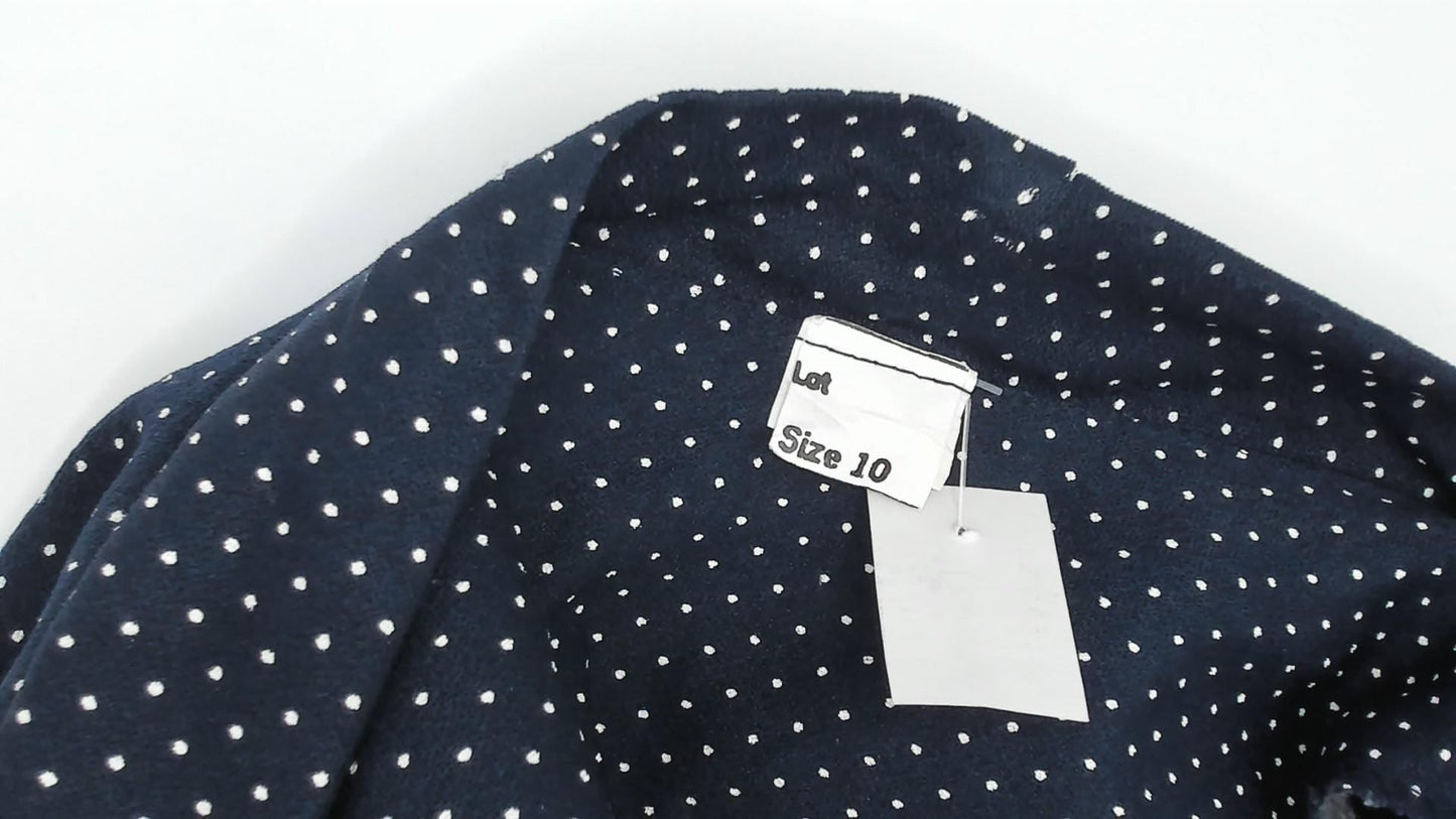 70s Navy White Polka Dot Bow Neck Dress Cap Sleeve Knee-Length Medium