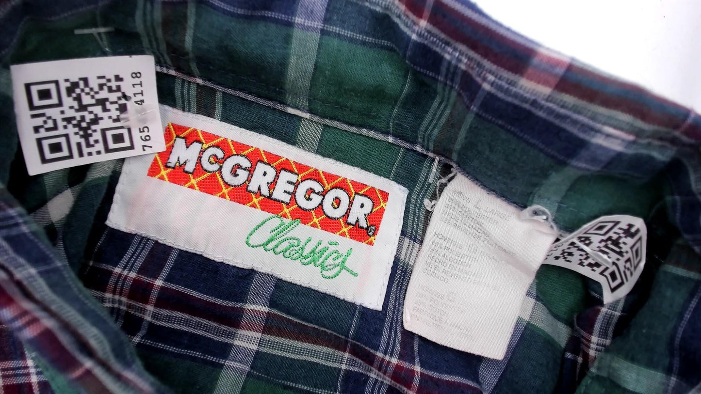 80s McGregor Plaid Flannel Button-Down Shirt Forest Green Navy Tartan Large L