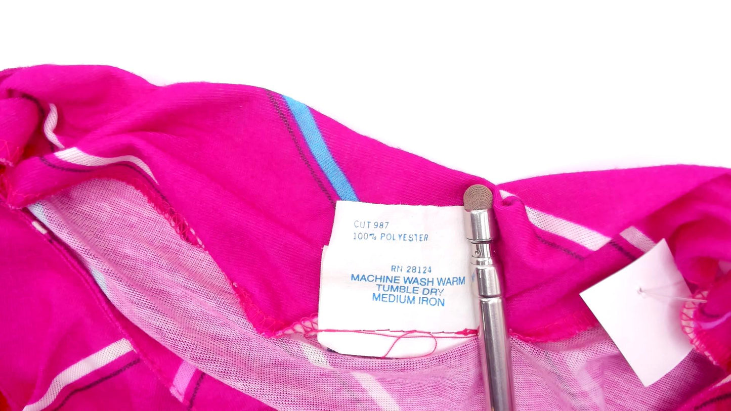 80s Joni Blair Magenta Striped Dress Puff Sleeve Boat Neck Knee Length Small