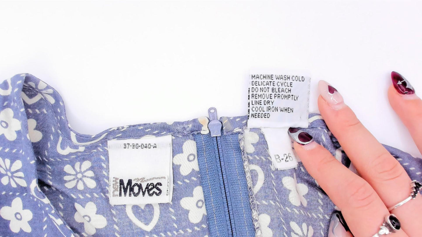 80s New Moves Hearts Flowers Grid Print Blouse Blue White Peplum Crop Extra Small XS