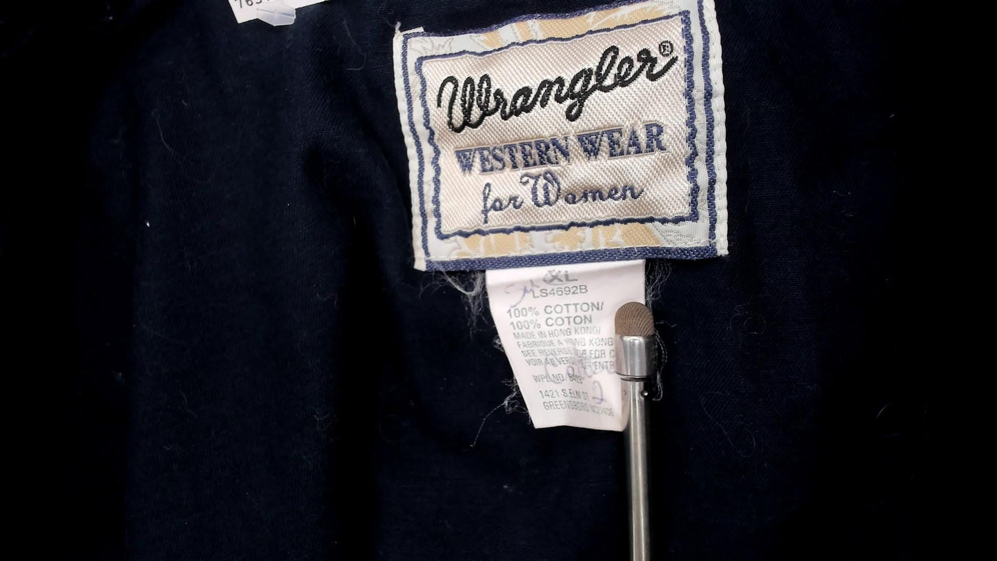 90s Wrangler Western Shirt Navy Blue Embroidered Diamond Snap Button Extra Large XL