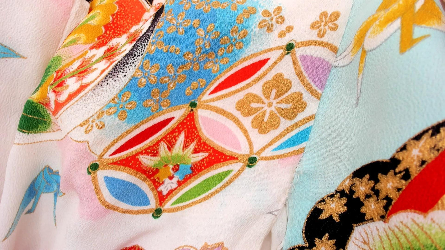 70s Japanese Kimono Jacket Origami Crane Floral Wrap Sky Blue Small S