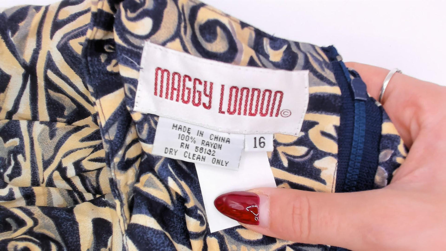 00s Maggy London Tribal Print Midi Dress Navy Cream Geometric Scoop Neck Large L