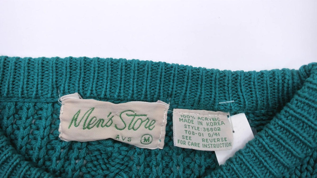 80s Teal Cable Knit Sweater Color Block Stripes Crew Neck Medium M