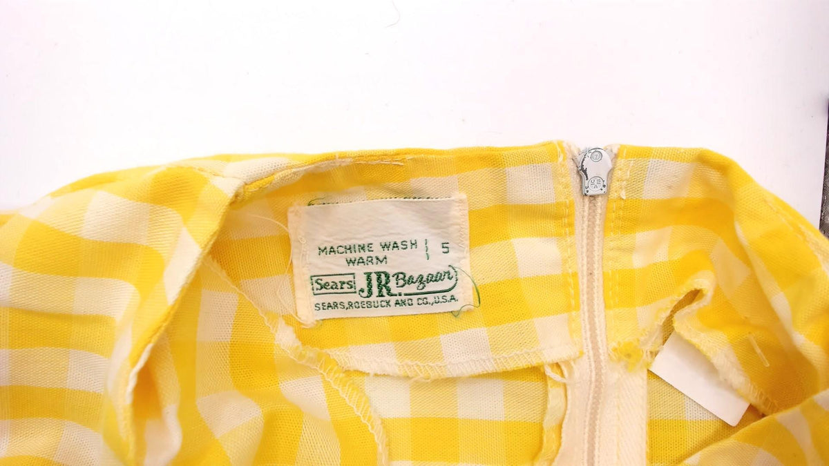 60s Yellow Gingham Eyelet Lace Shift Dress Sears Jr Bazaar Cotton XS