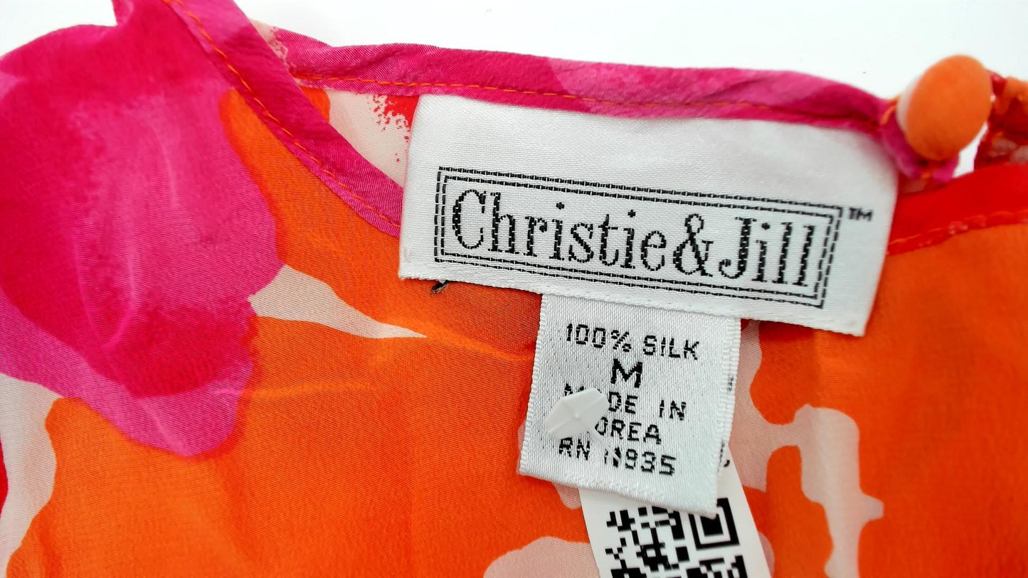 Y2K Christie and Jill Silk Blouse Floral Orange Pink Short Sleeve Medium M