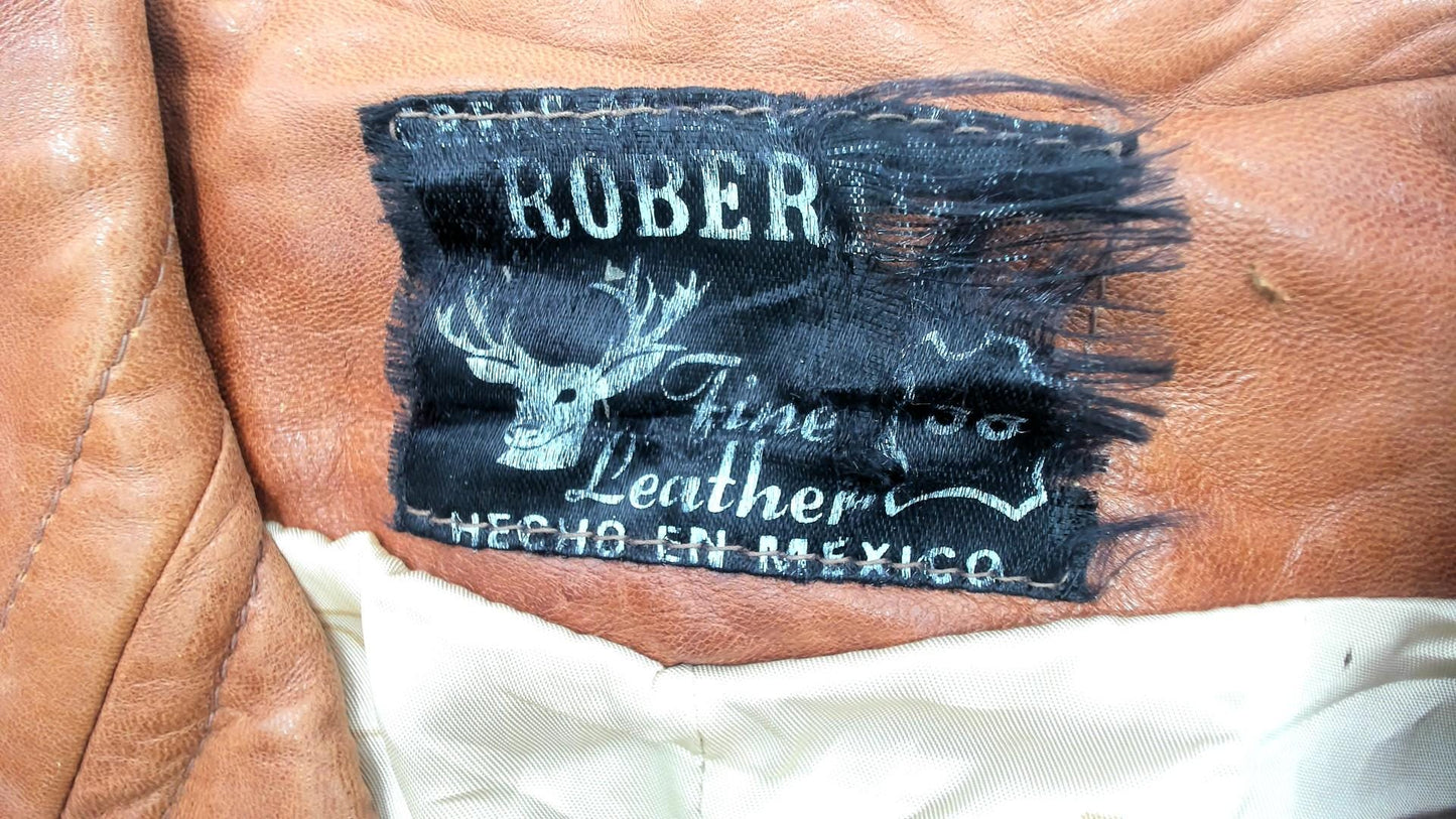 70s Roberts Fine Leather Brown Blazer Button Front Distressed Medium
