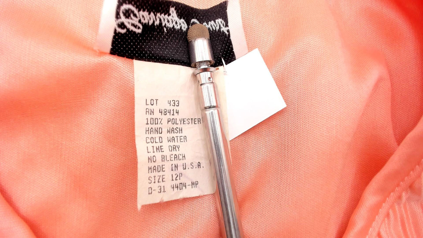 80s Carriage Court Peach Rhinestone Midi Dress Long Sleeve Pleated Large