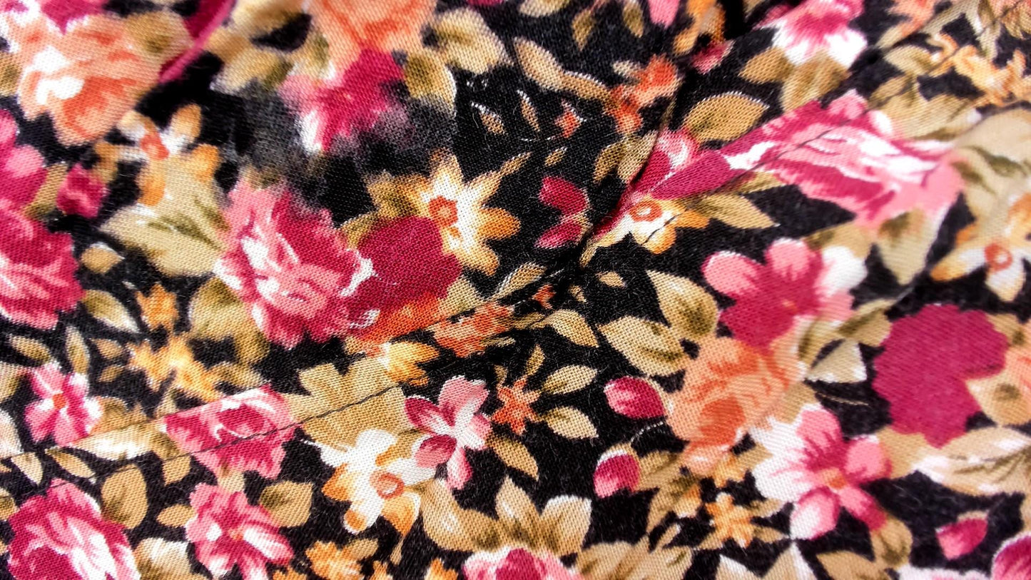 90s Floral Midi Dress Sweetheart Neckline Lace Trim Black Pink Small S