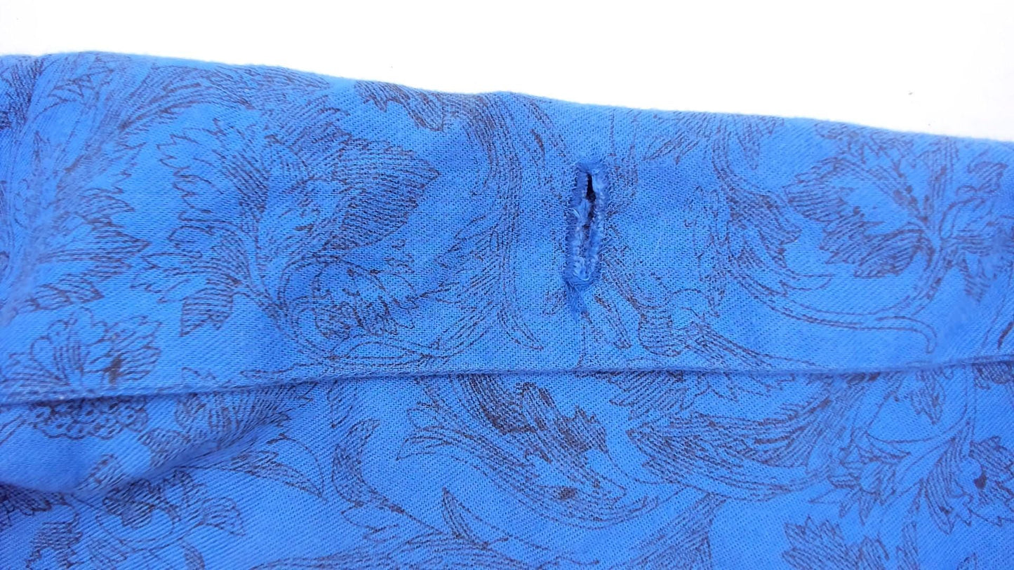 80s Blue Paisley Button-Front Dress V-Neck Long Sleeve Gathered Waist Medium M