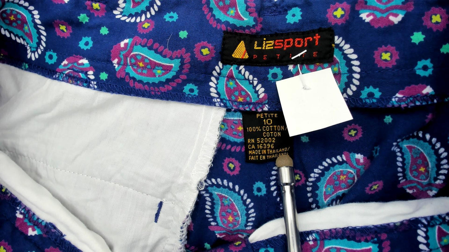 90s Liz Sport Paisley Shorts High Waisted Cotton Navy Medium