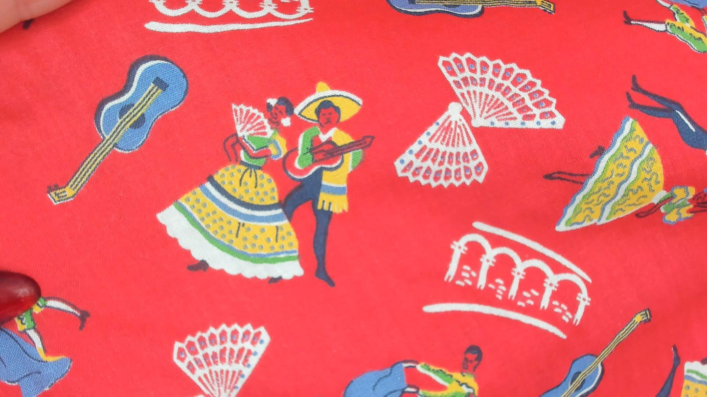 60s Red Novelty Print Dress Mexican Dancer Guitar Boat Neck Medium M