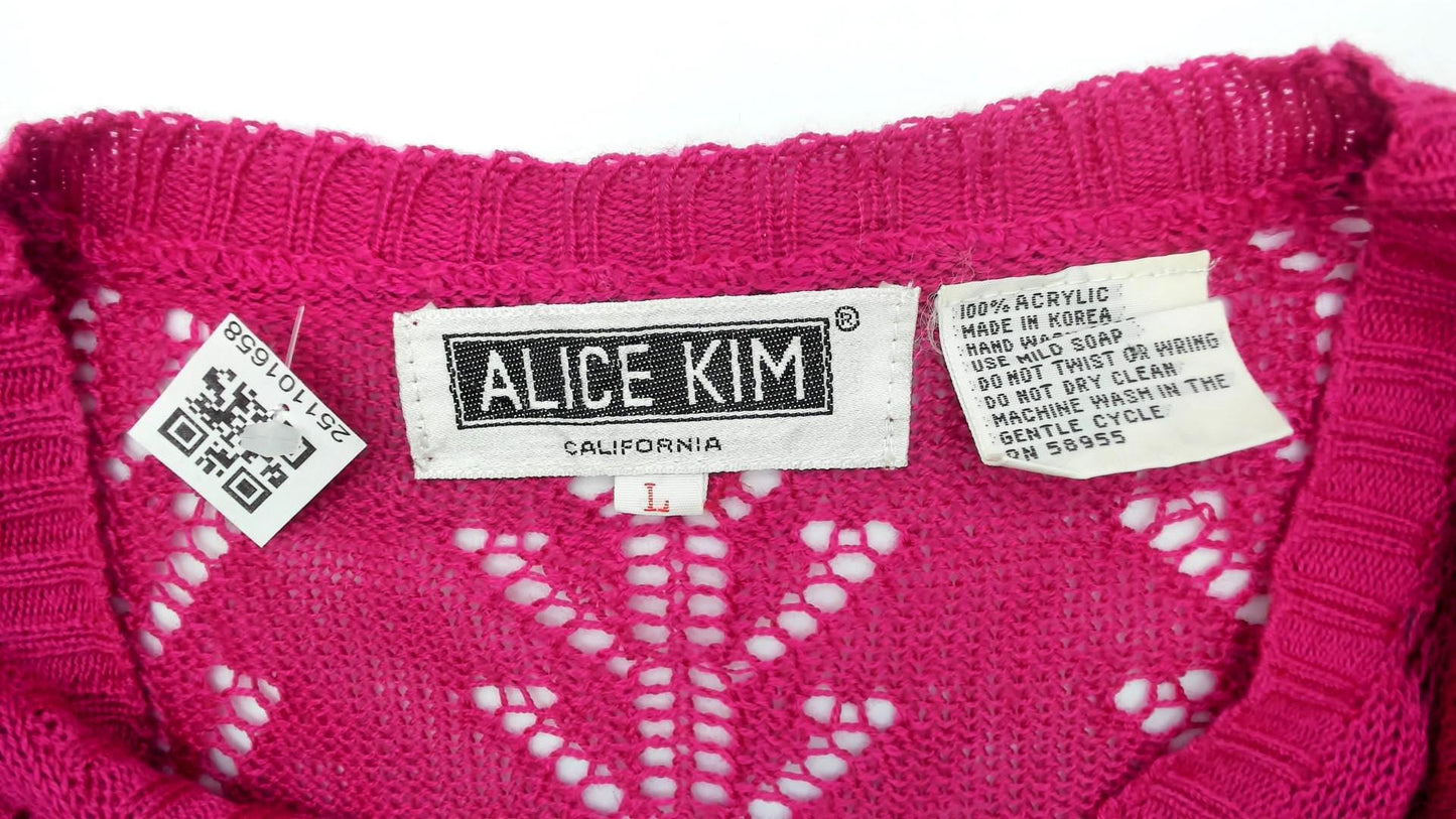 70s Alice Kim Hot Pink Pointelle Knit Sweater Chevron V-Neck Small