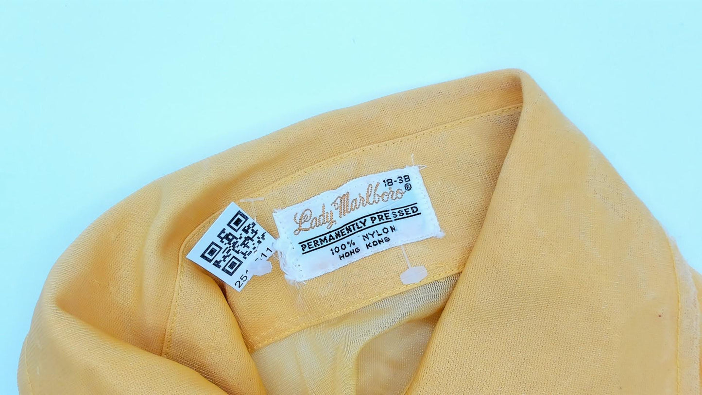 80s Lady Marlboro Yellow Nylon Blouse Button Front Pointed Collar Medium