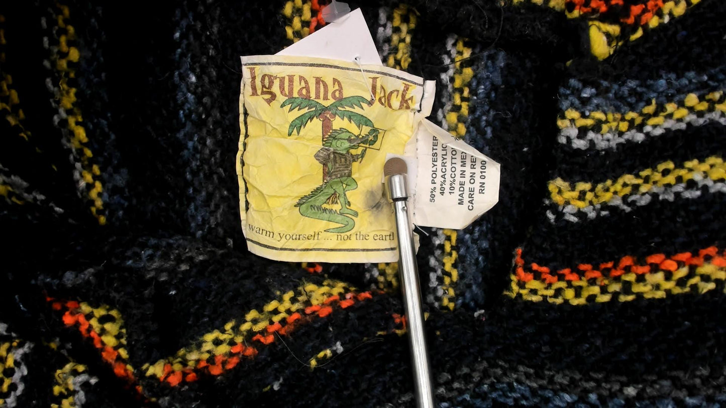 90s Iguana Jack Baja Hoodie Black Striped Woven Kangaroo Pocket Extra Large XL