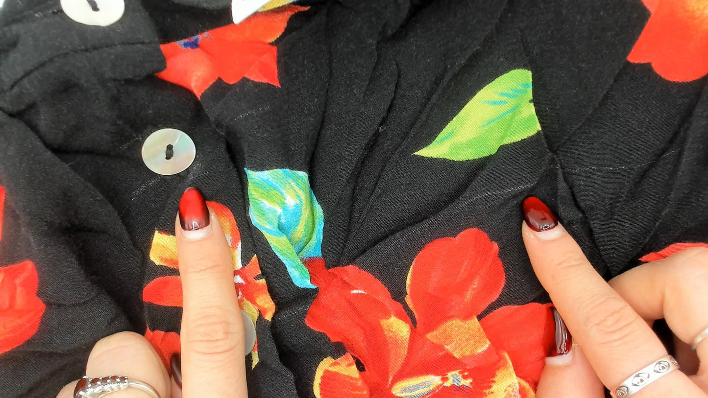 90s Worthington Floral Mini Skirt Black Button Front Tropical Print Large
