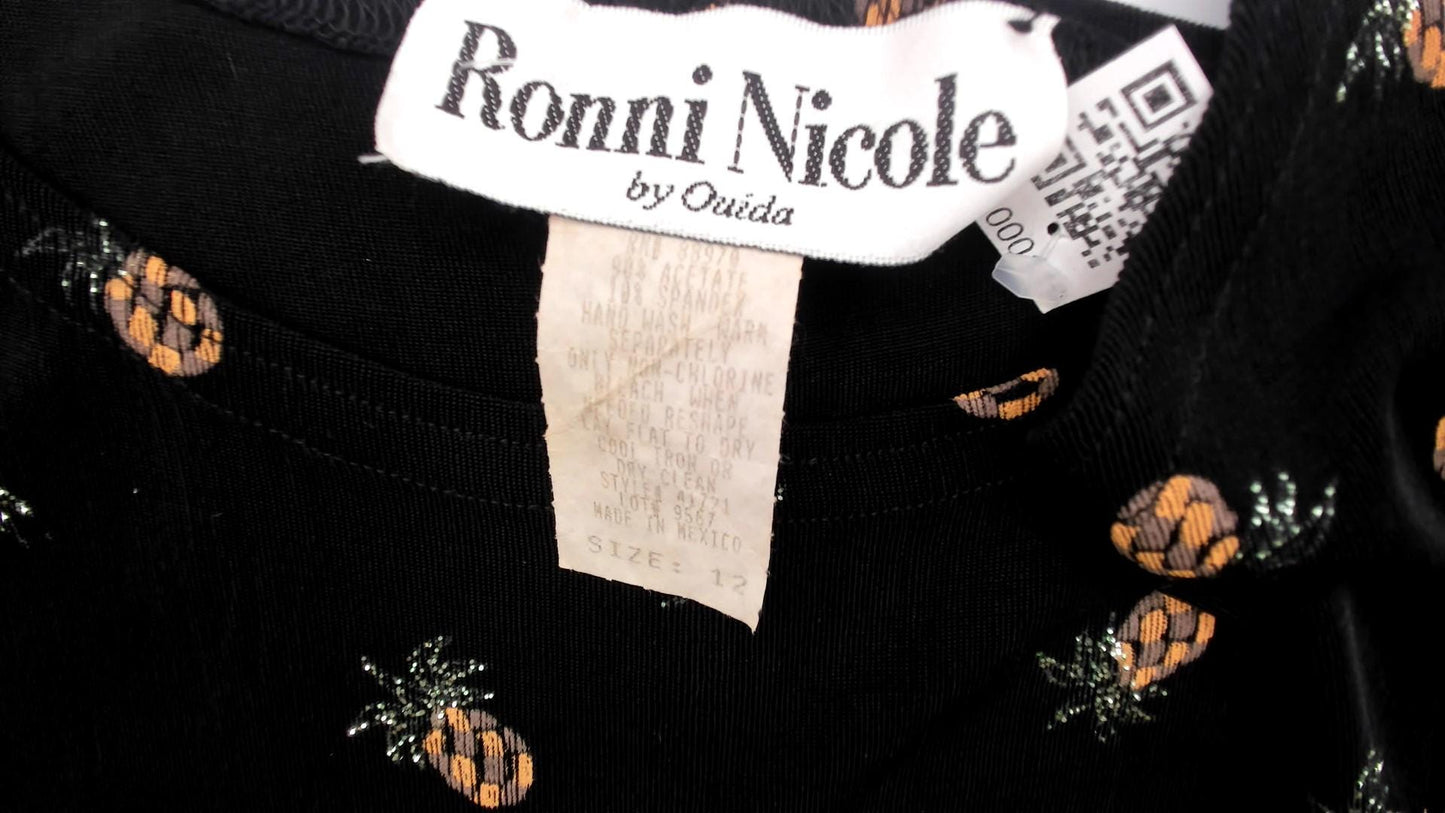 90s Ronni Nicole Pineapple Print Black Shift Dress Medium