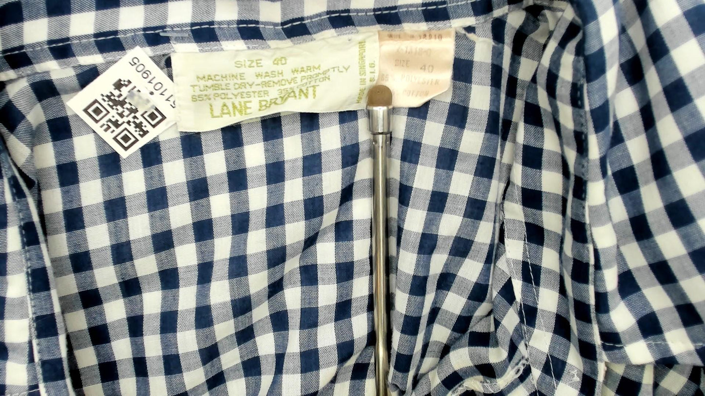 80s Lane Bryant Navy Gingham Check Button-Up Blouse Peter Pan Collar Plus Size XXL