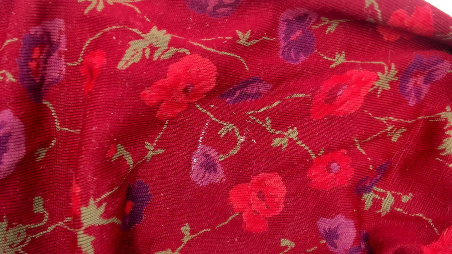 80s Burgundy Floral Midi Dress Long Sleeve Tie Neck Button Front Medium
