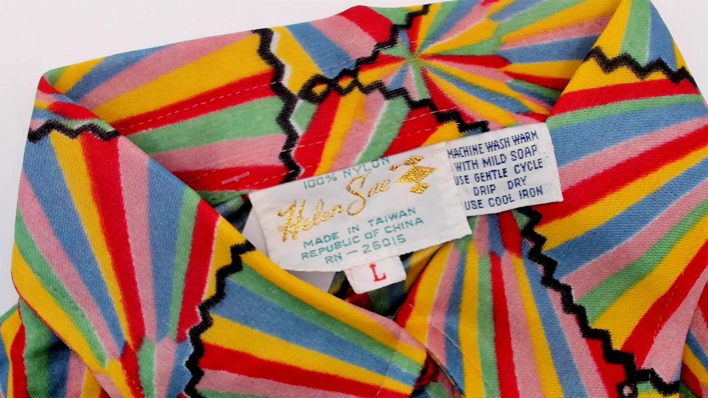 70s Helen Sue Geometric Fan Sunburst Blouse Multicolor Striped Collared Medium