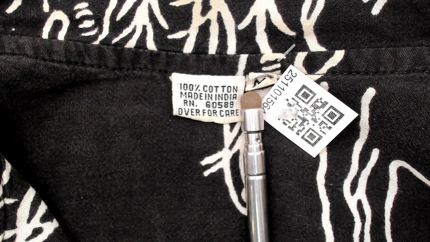 90s Black Cotton Elephant Print Tunic Jacket Collared Medium M