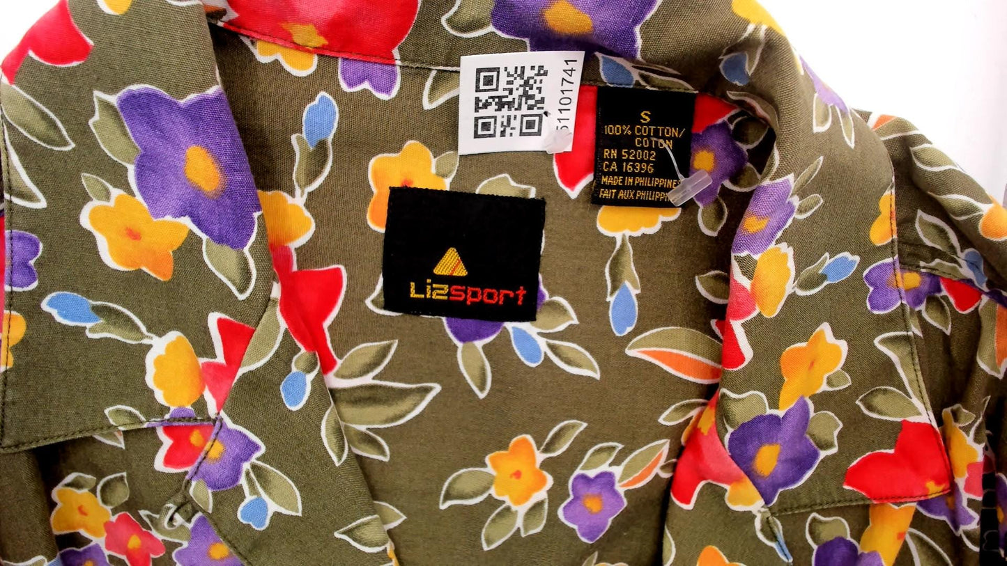 90s Liz Sport Floral Camp Collar Shirt Olive Green Cotton Small S