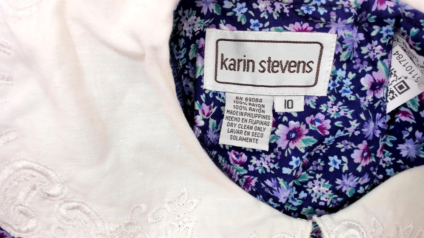 90s Karin Stevens Floral Maxi Dress Peter Pan Collar Purple Medium