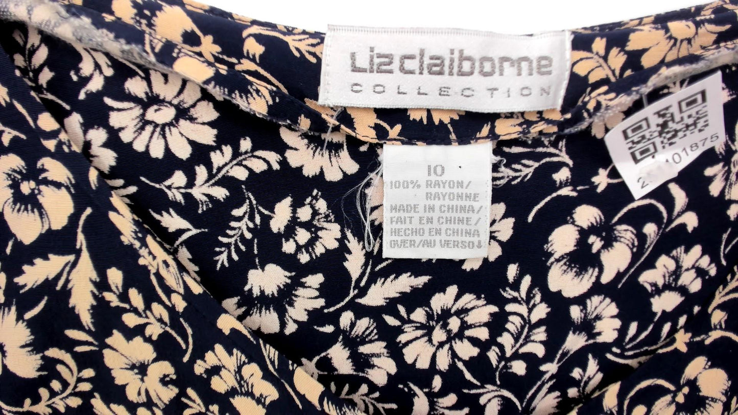 90s Liz Claiborne Floral Midi Dress Navy Cream Short Sleeve Medium