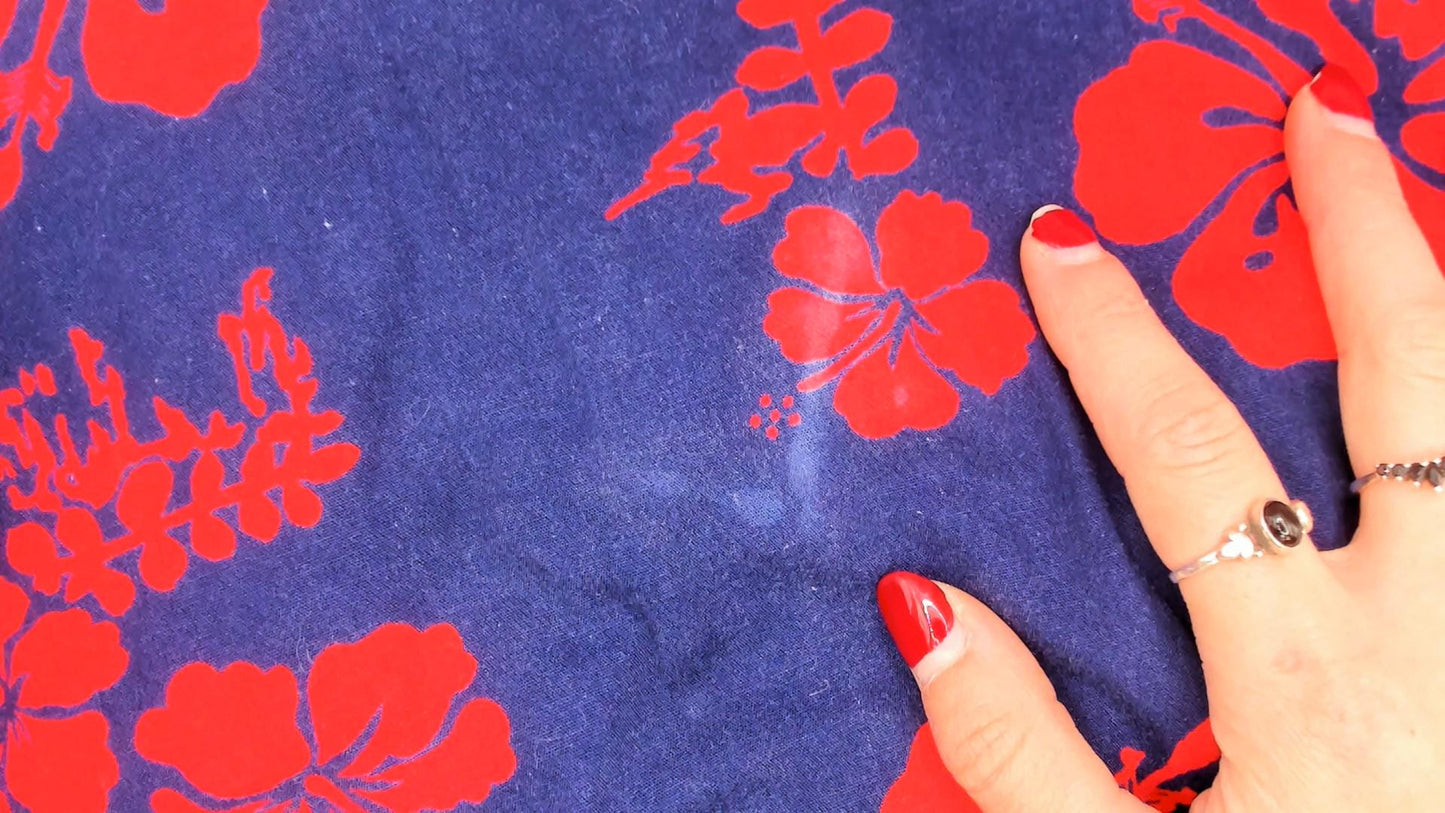 80s Ui-Makai Hawaiian Hibiscus Dress Navy Blue Red Floral Sleeveless Small