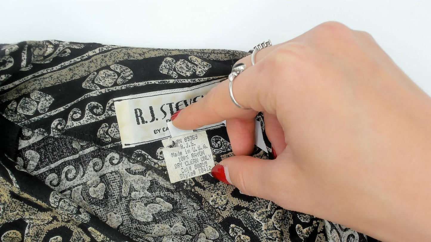 90s RJ Stevens Mini Dress Paisley Floral Stripe Black Tan Olive Medium M