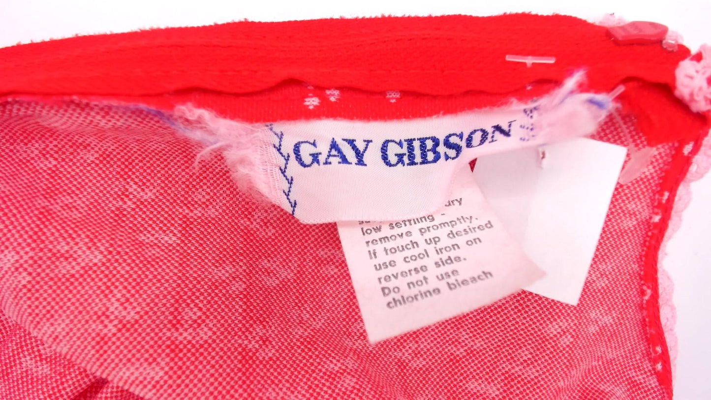 70s Gay Gibson Red Calico Maxi Dress Flutter Sleeve Lace Trim Small