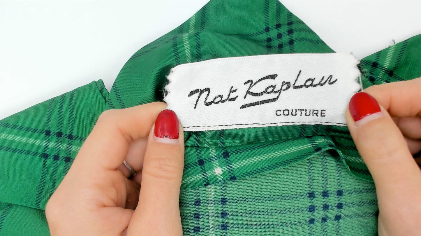 70s Nat Kap Lan Emerald Plaid Dress Pussy Bow Knee-Length Medium M