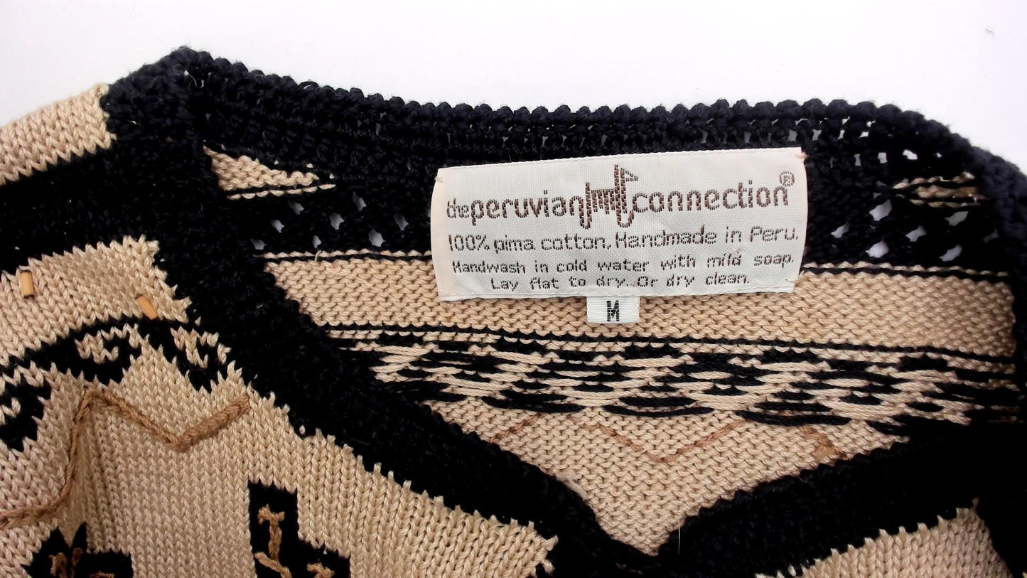 2000s Peruvian Connection Cardigan Cream Black Geometric Fringe Pima Cotton Medium M
