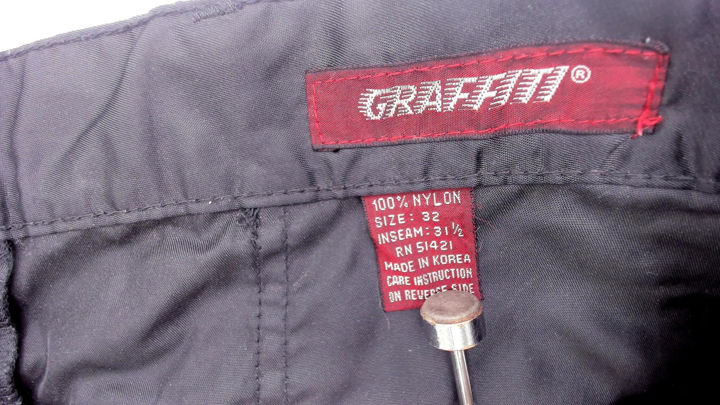 Y2K Black Nylon Cargo Pants Graffiti Low Rise Straight Leg Utility 32 Medium