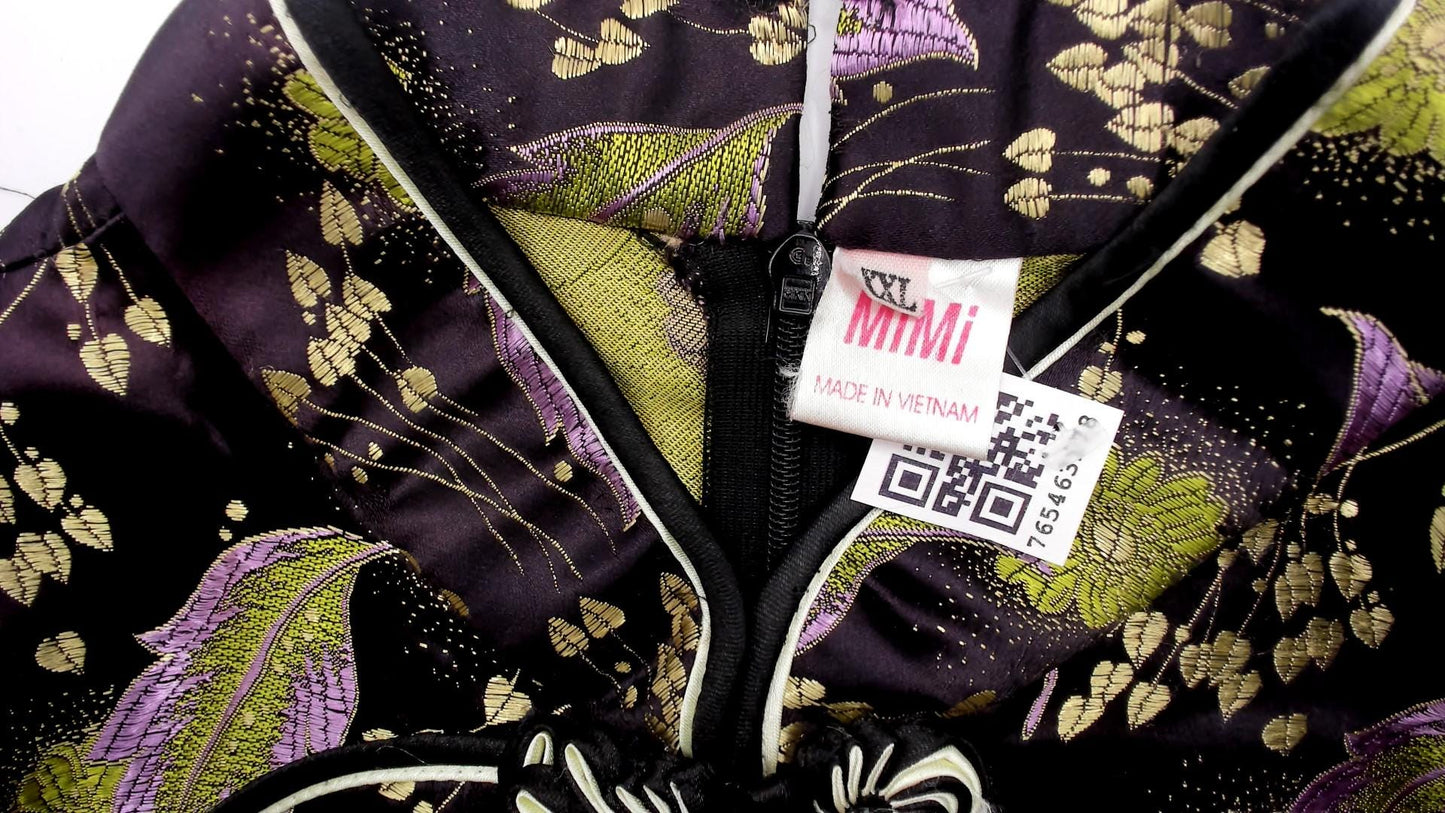 90s Mimi Cheongsam Top Black Brocade Floral Mandarin Collar Plus Size XXL