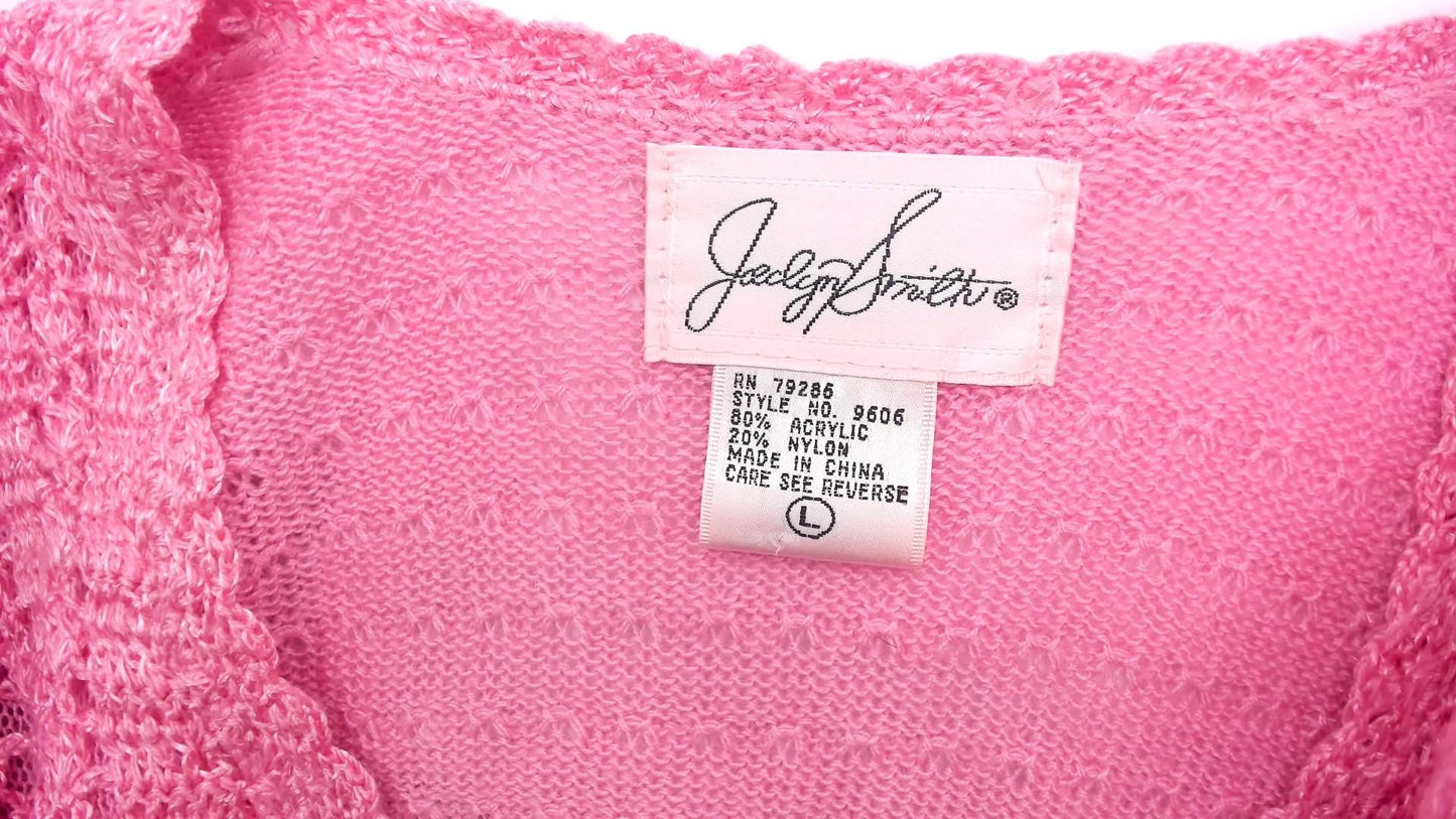 90s Jaclyn Smith Pink Crochet Cardigan V-Neck Scalloped Hem Large L