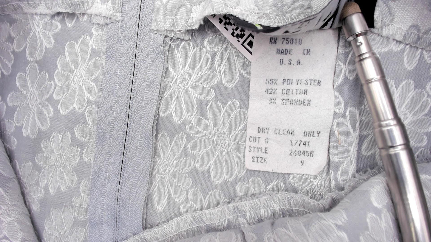90s City Triangles Floral Jacquard Mini Dress Grey White Daisy Empire Waist Small