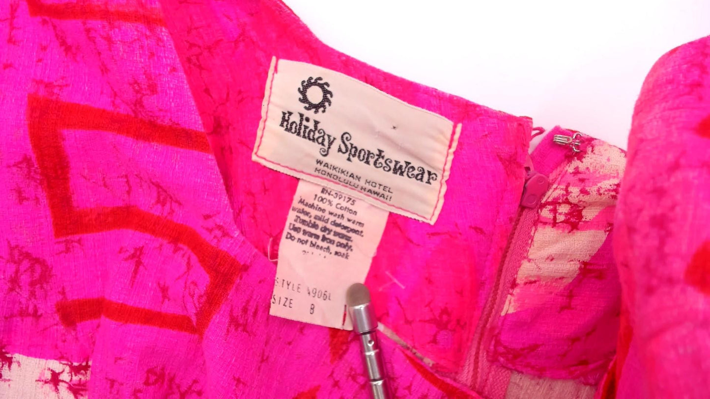 70s Holiday Sportswear Hot Pink Batik Maxi Dress Bell Sleeve Square Neck XS