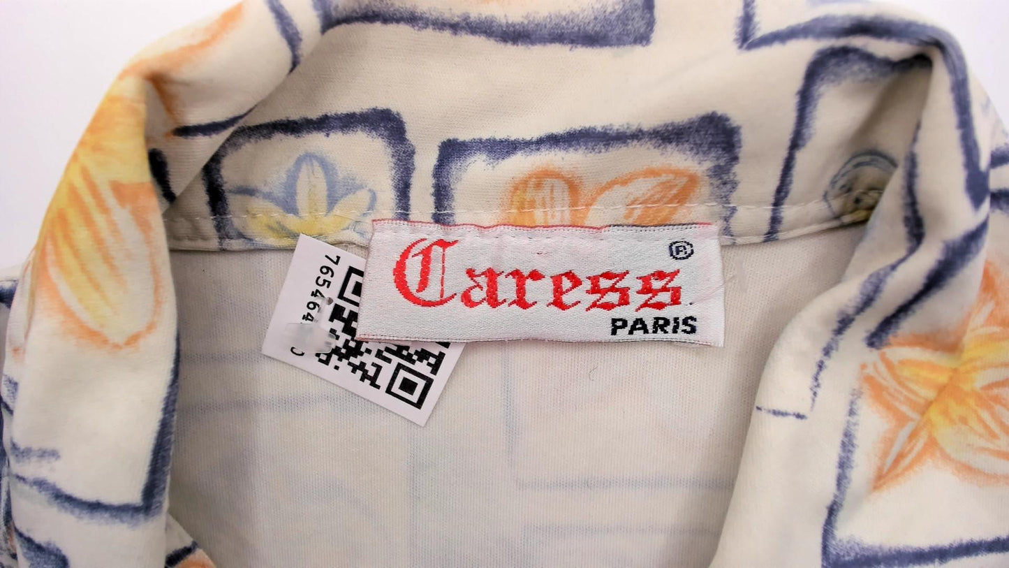 2000s Caress Floral Watercolor Blouse Cream Cap Sleeve Camp Collar Small