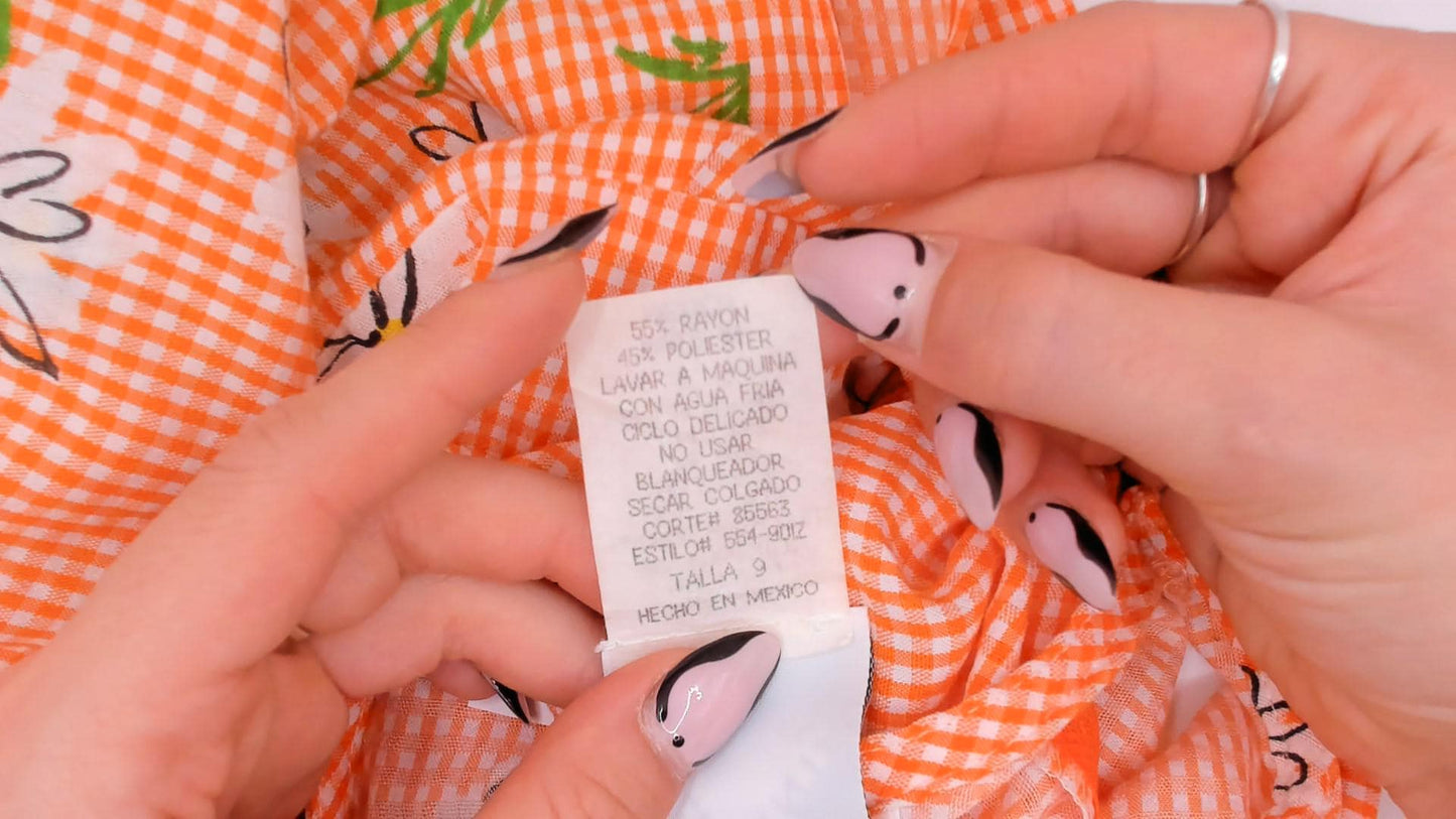 90s California Concepts Gingham Daisy Shift Dress Orange White Mini Small