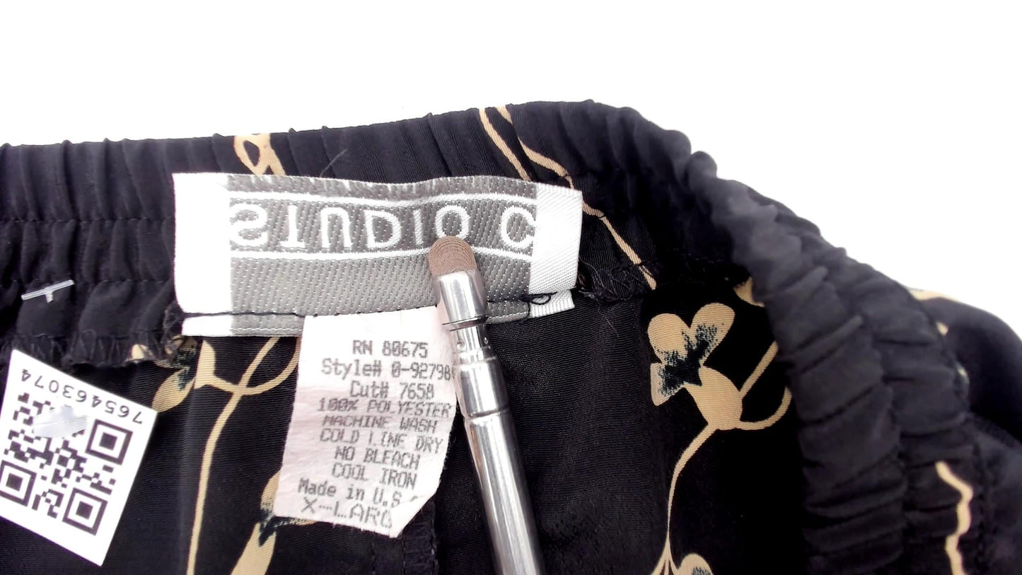 90s Studio C Cherry Blossom Maxi Skirt Black Tan Floral Elastic Waist Extra Large